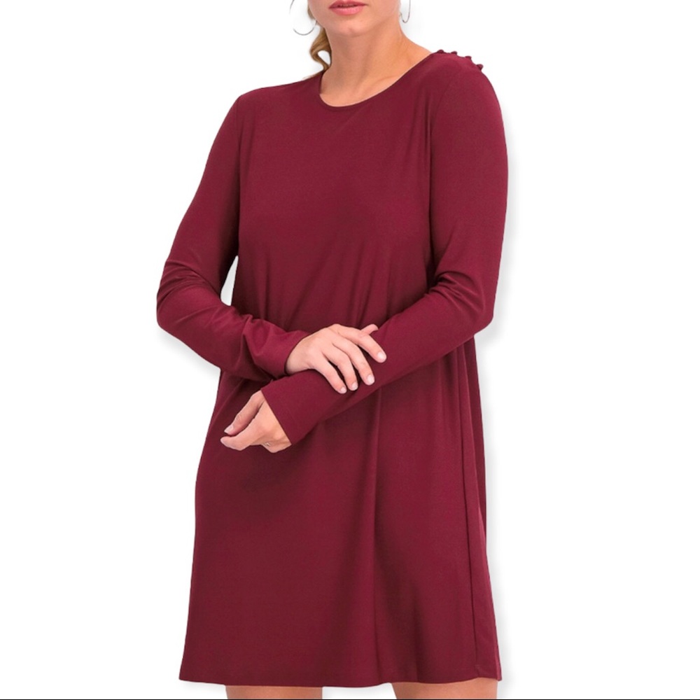 NWT Mango MNG Basics Burgundy Red Long Sleeve Button Accent Mini Shift Dress M